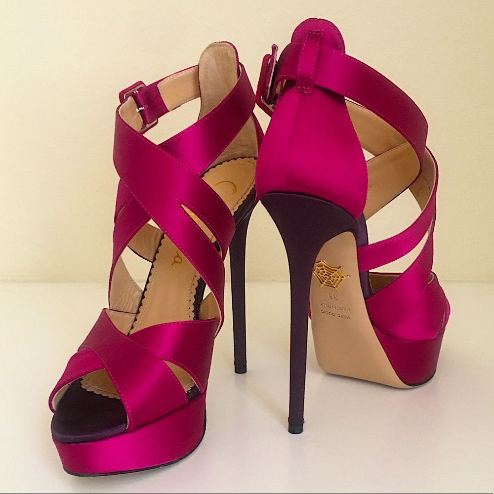 Charlotte Olympia “Apollo 145” Magenta Fuchsia Satin Criss Cross Platform Heels